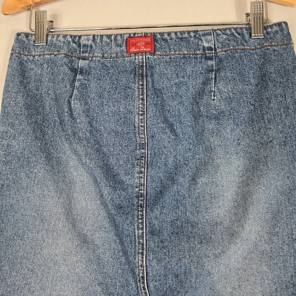 Y2K Hot Kiss Denim Skirt sz 7 28 Leather Tie Angle Seams Indie Sleaze Fray Hem
